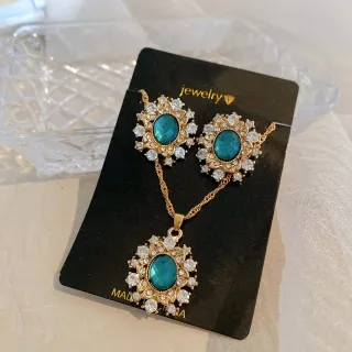 Fashion Women Green Crystal Zircon Necklace Earring Set